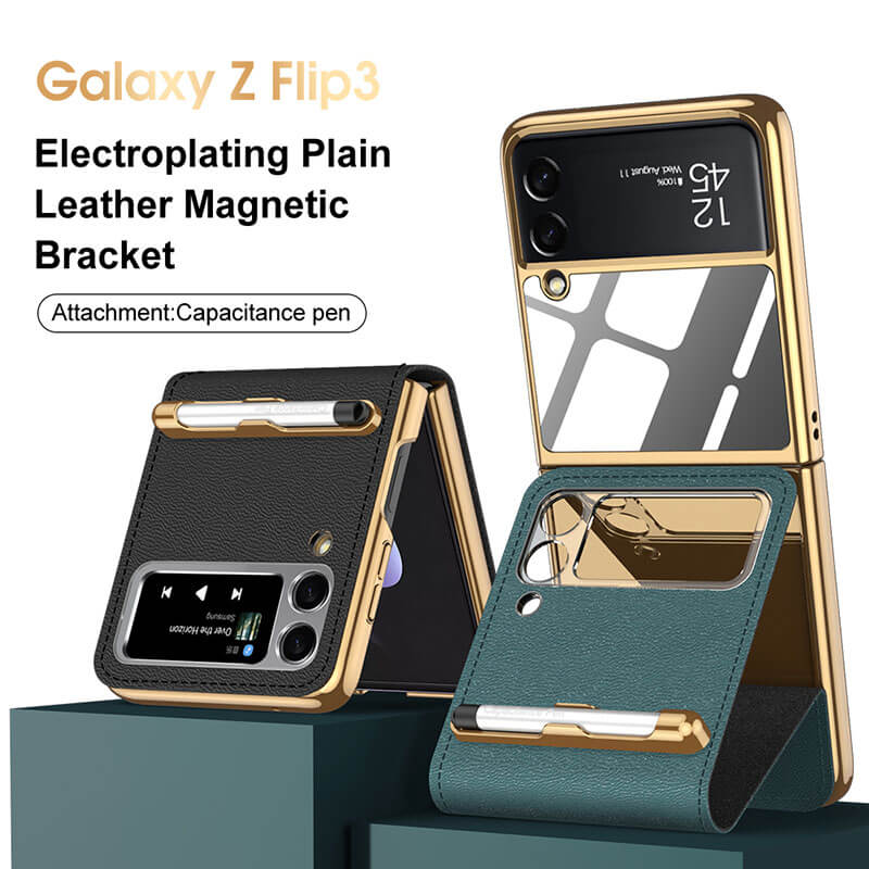 Electroplating Plain Leather Magnetic Case With Capacity Pen and Makeup Mirror For Samsung Galaxy Z Flip3 5G