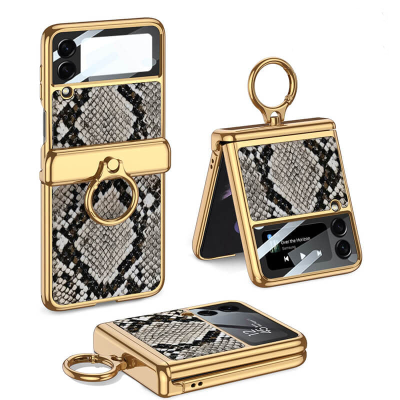Electroplated Leather Magnetic Hinge Ring Holder Case For Samsung Galaxy Z Flip4 5G