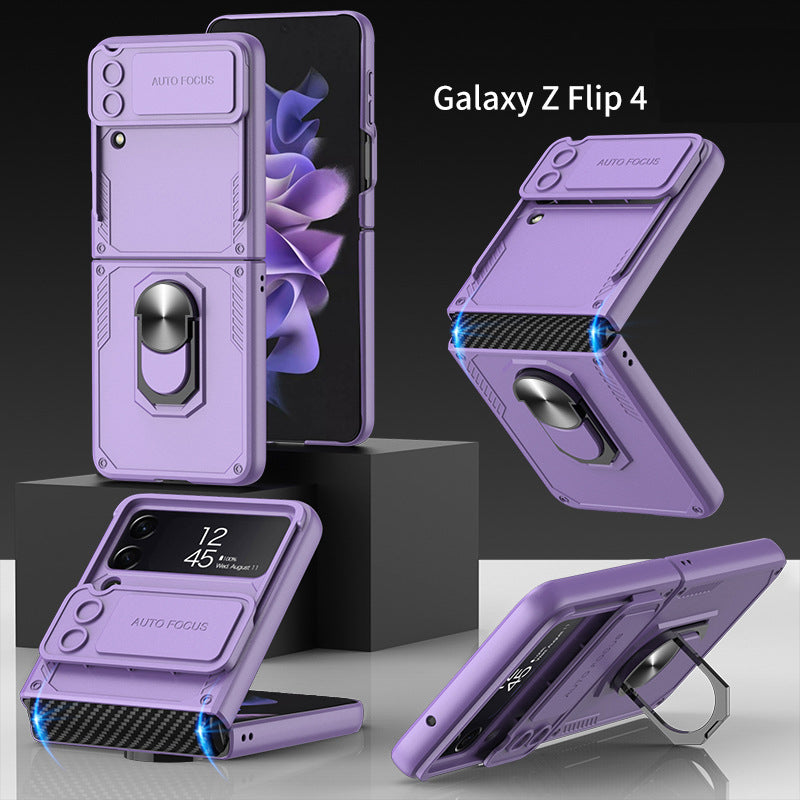 Armor Shockproof Bracket Case For Samsung Galaxy Z Flip4 5G With Ring Holder and Lens Slide Protector