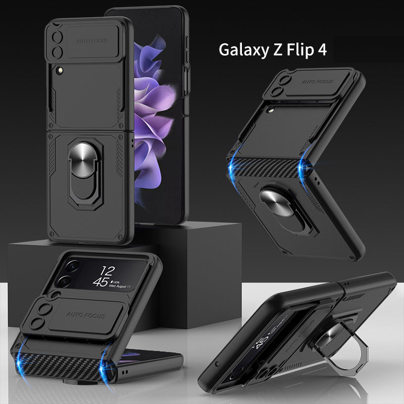 Armor Shockproof Bracket Case For Samsung Galaxy Z Flip4 5G With Ring Holder and Lens Slide Protector