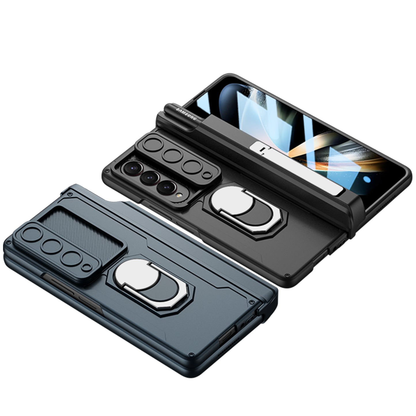 Magnetic Folding Armor Pen Slot Case For Samsung Galaxy Z Fold4 5G With Front Film and Kickstand