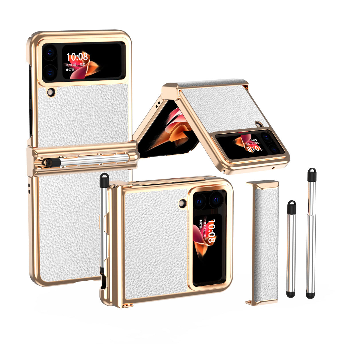 Electroplated Plain Leather Case For Samsung Galaxy Z Flip4 5G With Double Hinge