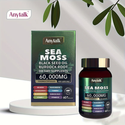 Anytalk SEA MOSS Contains Seaweed, Black Seed Oil, Turmeric, Vitamin C, Vitamin D3 And Other Ingredients 60 Capsules