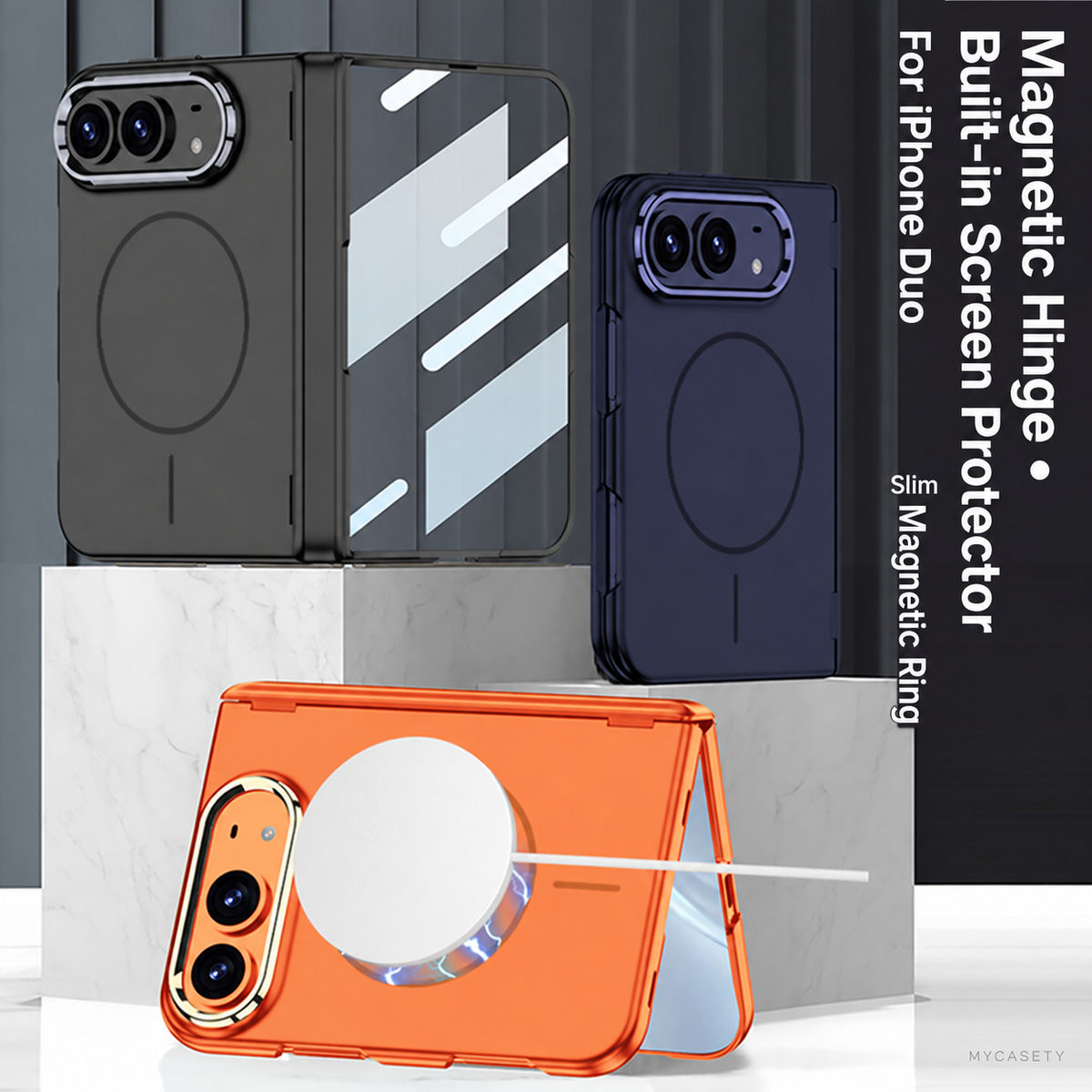 iPhone Duo - Magnetic Hinge Protection Fashion Cover Built-in Tempered Glass Film & Magnetic Ring