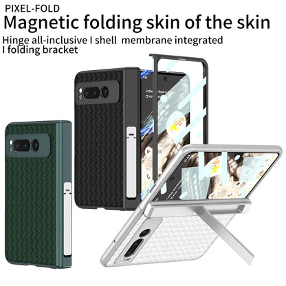 Magnetic All-inclusive Woven Pattern Case With Tempered Film For Google Pixel Fold With Damped Folding Bracket - mycasety2023 Mycasety