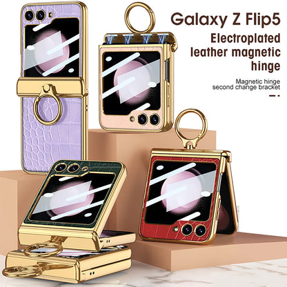 Electroplated Leather Magnetic Hinge Ring Holder Case For Samsung Galaxy Z Flip5 Flip4 Flip3 With Front Protection Film - Mycasety Mycasety