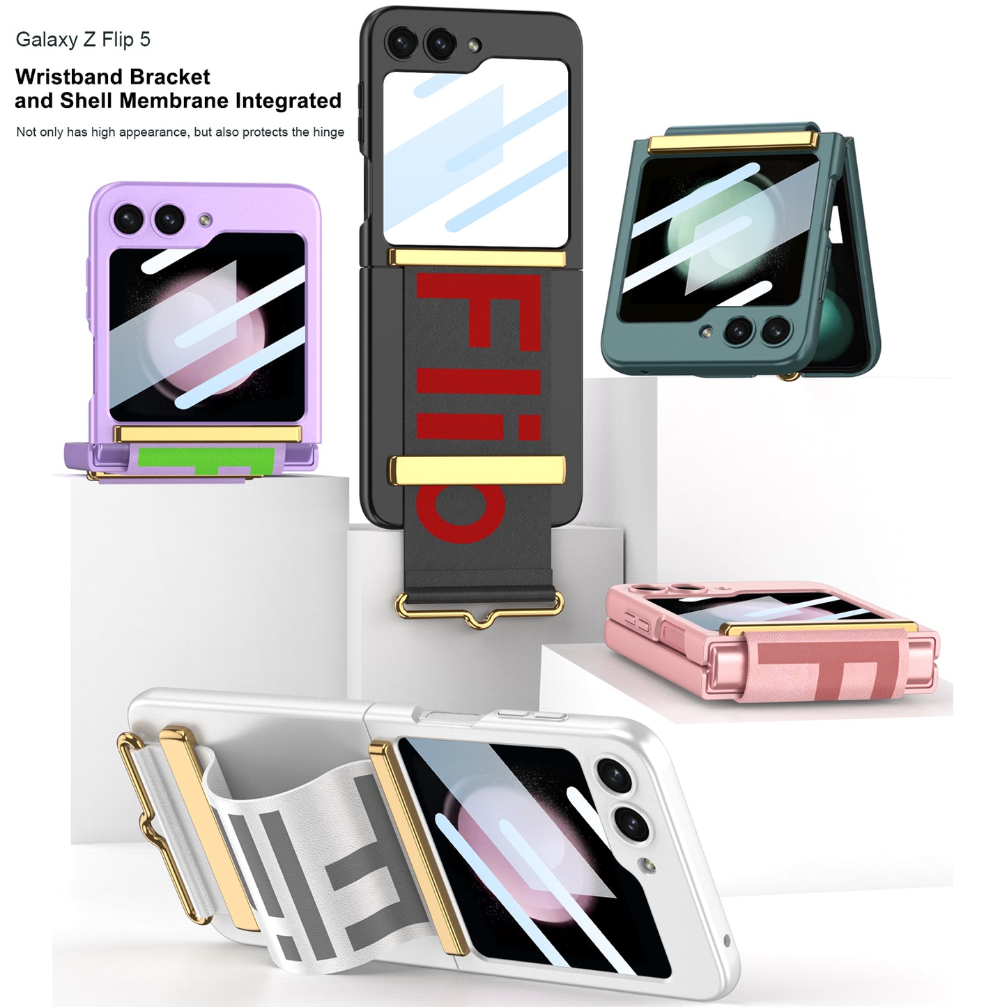 Samsung Galaxy Z Flip5 Wristband Case Ultra-thinFrosted Hard Shell With Tempered Glass Protector