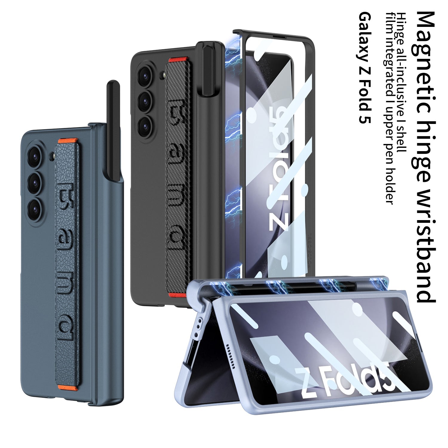 Magnetic Hinge Pen Slot Wristband Holder Phone Case With Back Screen Protector For Samsung Galaxy Z Fold5 Fold4 Fold3 - mycasety2023 Mycasety