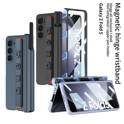 Magnetic Hinge Pen Slot Wristband Holder Phone Case With Back Screen Protector For Samsung Galaxy Z Fold5 Fold4 Fold3 - mycasety2023 Mycasety