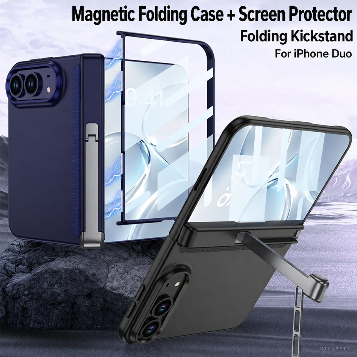 iPhone Duo - Magnetic Hinge Protection Business Cover Built-in Tempered Glass Film & Tri‑Fold Side Kickstand