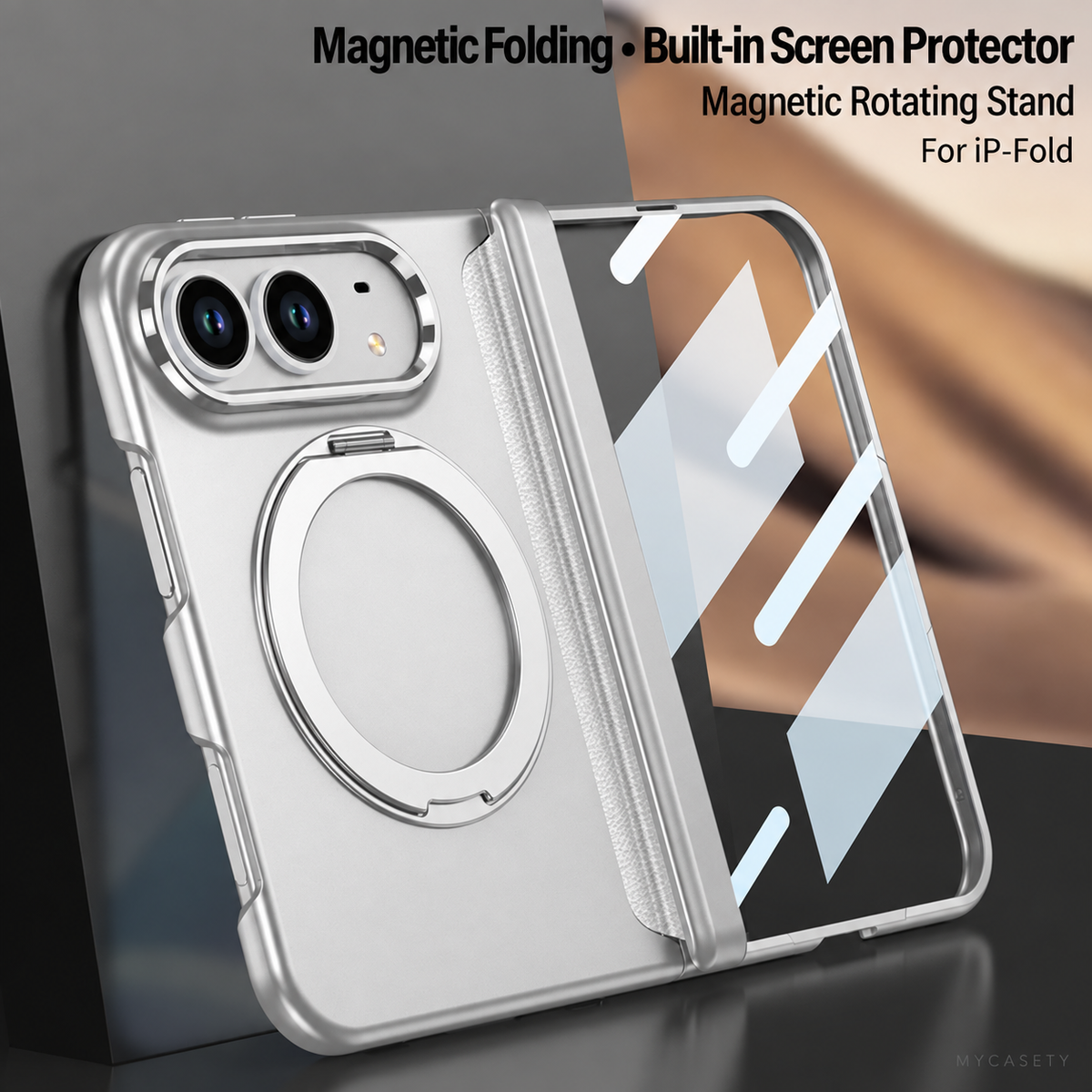iPhone Duo - Magnetic Hinge Protection Business Cover Built-in Tempered Glass Film & Magnetic Kickstand