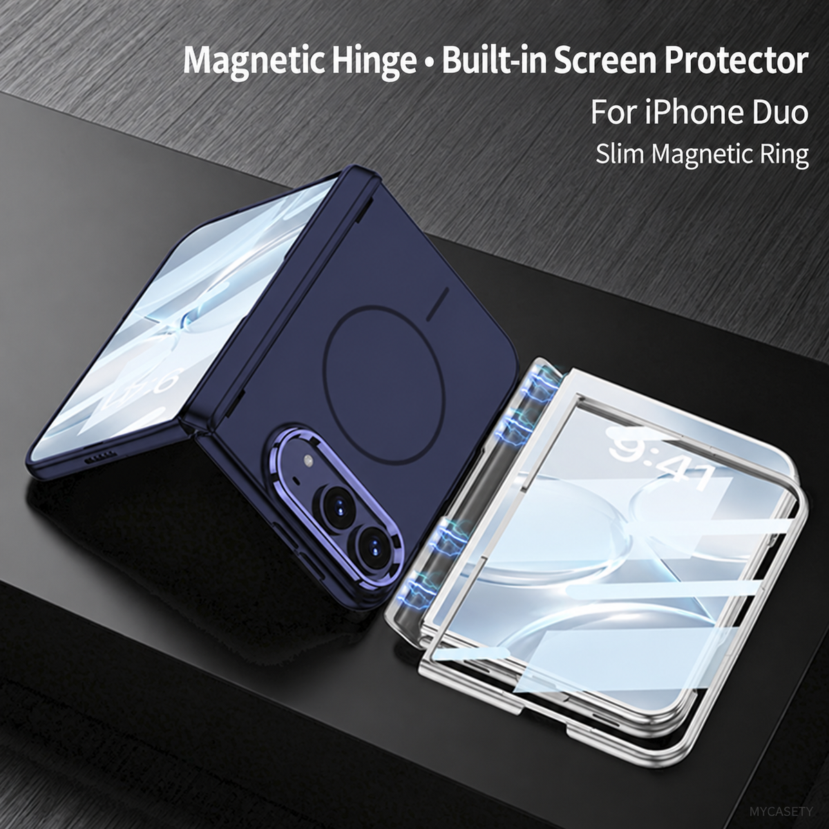 iPhone Duo - Magnetic Hinge Protection Fashion Cover Built-in Tempered Glass Film & Magnetic Ring