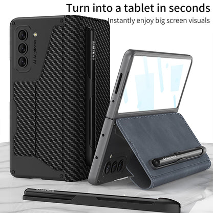 Leather Pen Holder Armor Phone Case With Back Screen Protector For Samsung Galaxy Z Fold5 Fold4 - Mycasety Mycasety