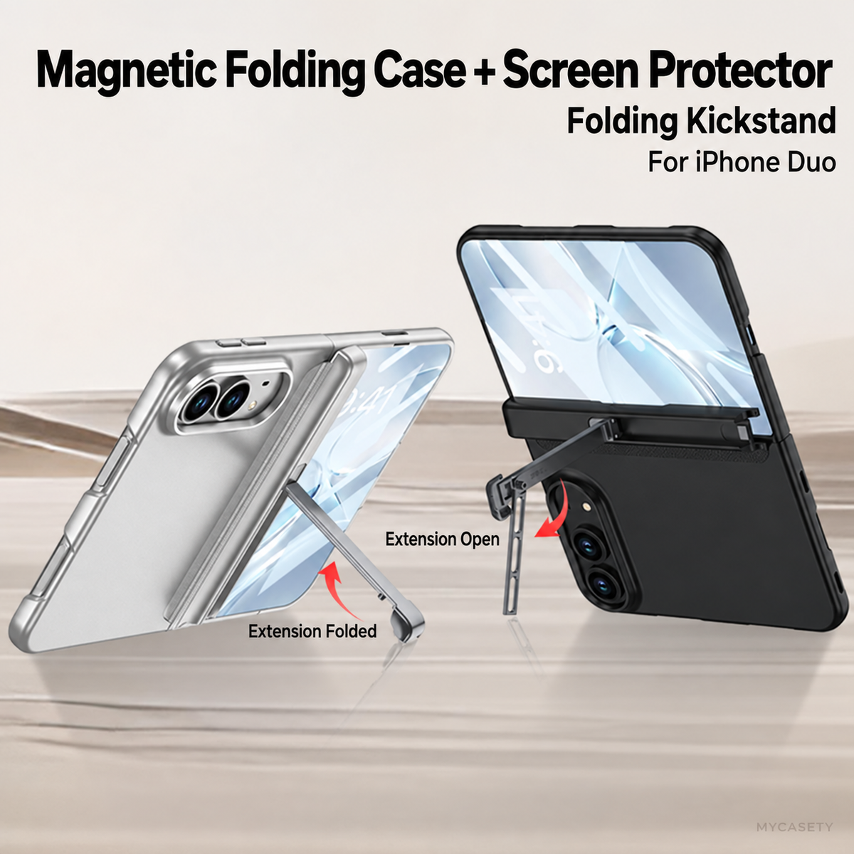 iPhone Duo - Magnetic Hinge Protection Business Cover Built-in Tempered Glass Film & Tri‑Fold Side Kickstand