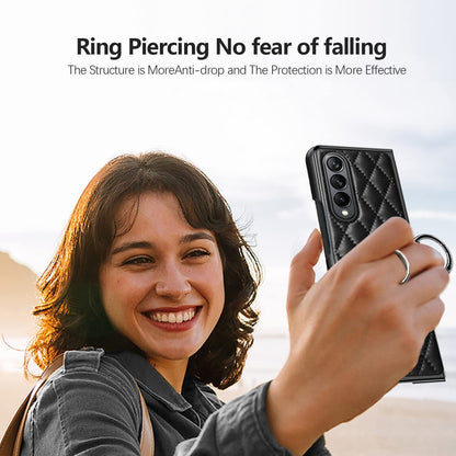 Luxurious Leather Ring Holder Protective Phone Case With Front Protection Film For Samsung Galaxy Z Fold5 Fold4 Fold3 - Mycasety Mycasety