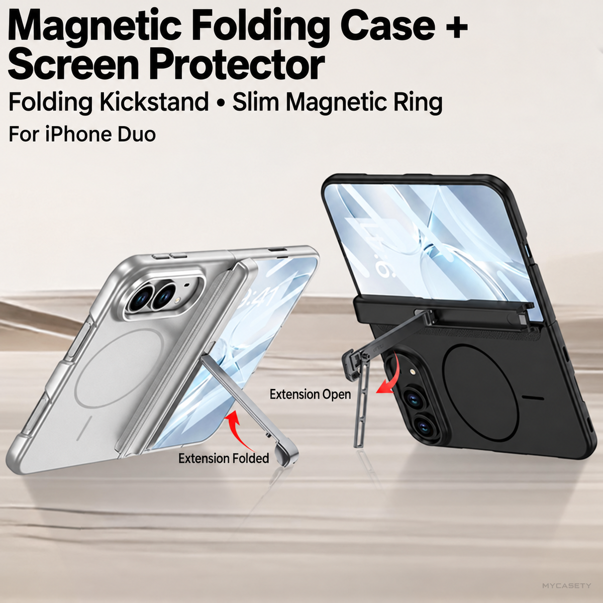 iPhone Duo - Magnetic Hinge Protection Business Cover Built-in Tempered Glass Film & Tri‑Fold Kickstand & Magnetic Ring