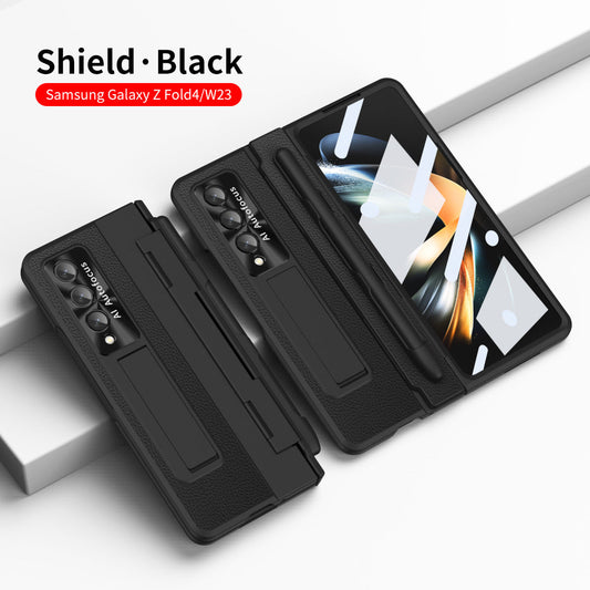 Hinge Folding Leather Magnetic Bracket Shell Electroplated Case For Samsung Galaxy Z Fold3 Fold4 5G With S Pen Slot & Stylus - Mycasety Mycasety