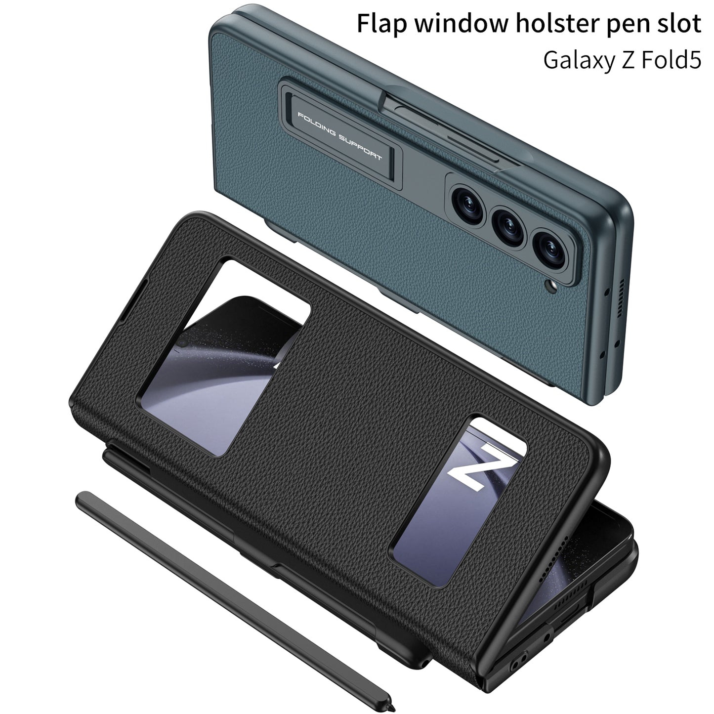 Leather Samsung  Galaxy Z Fold5 Case Flap Window Holster Pen Slot