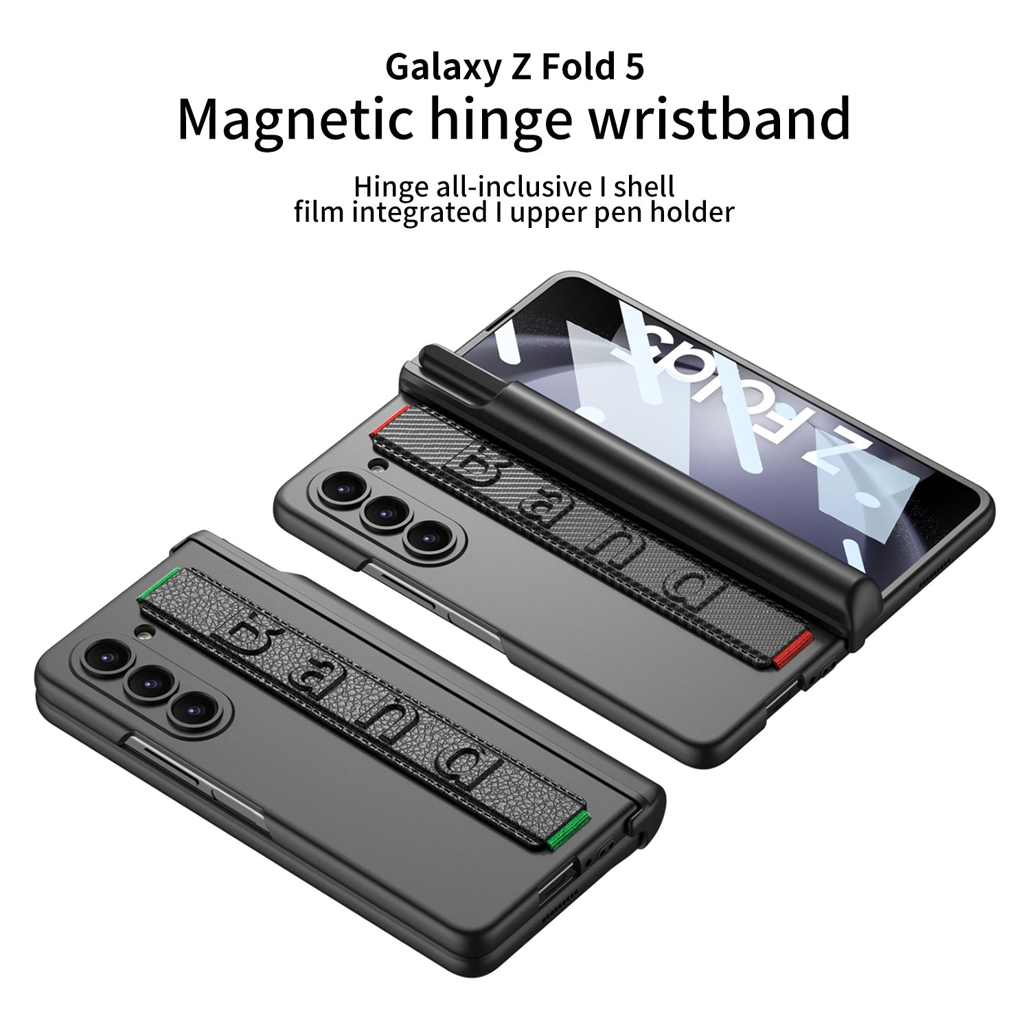Magnetic Hinge Pen Slot Wristband Holder Phone Case With Back Screen Protector For Samsung Galaxy Z Fold5 Fold4 Fold3 - mycasety2023 Mycasety