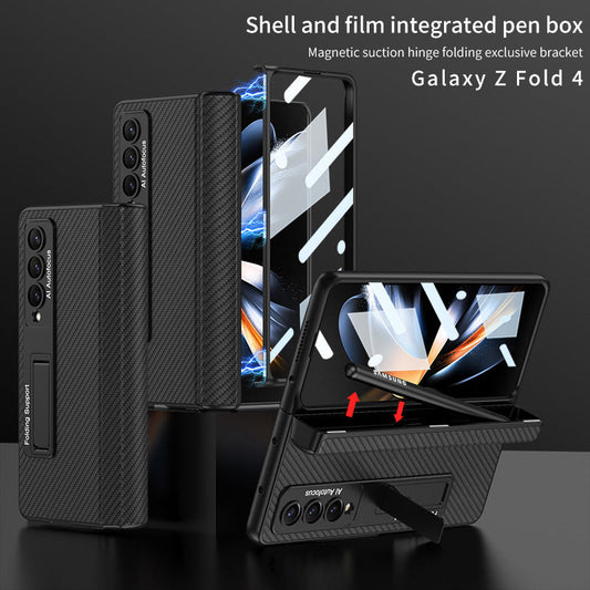 Magnetic Hinge Holder Protective Pen Case Leather Phone Case With Back Screen Glass For Samsung Galaxy Z Fold3 Fold4 Fold5 5G - Mycasety Mycasety