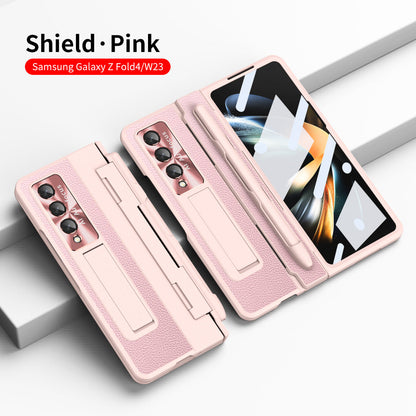Hinge Folding Leather Magnetic Bracket Shell Electroplated Case For Samsung Galaxy Z Fold3 Fold4 5G With S Pen Slot & Stylus - Mycasety Mycasety