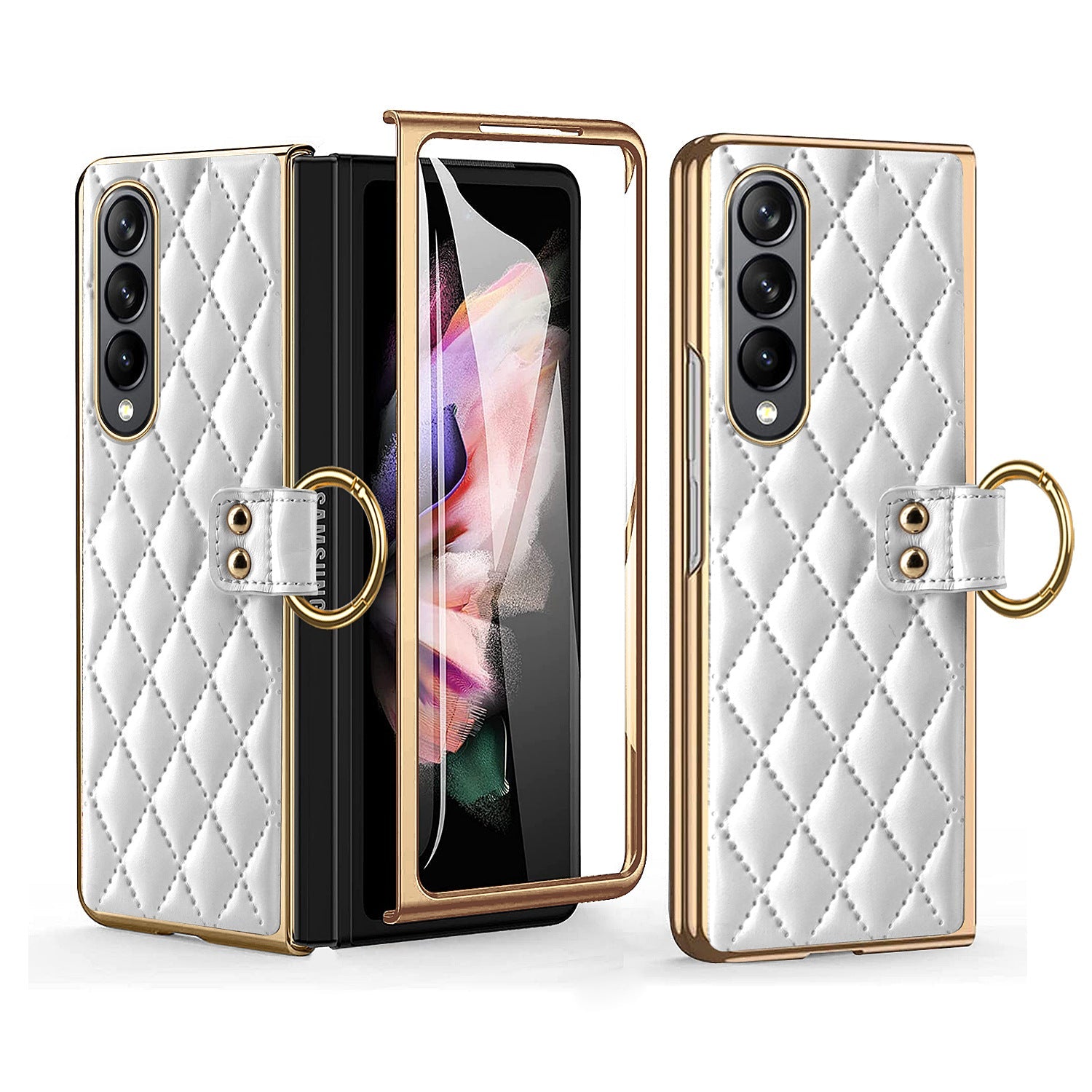 Luxurious Leather Ring Holder Protective Phone Case With Front Protection Film For Samsung Galaxy Z Fold5 Fold4 Fold3 - Mycasety Mycasety
