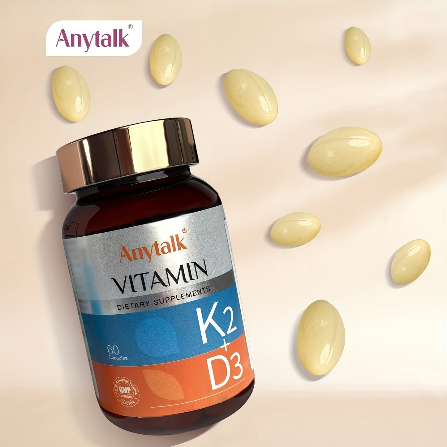 Anytalk Vitamin D3 & K2 Contains Olive Oil, Vitamin D3, Vitamin K2 1000mg*60 Capsules