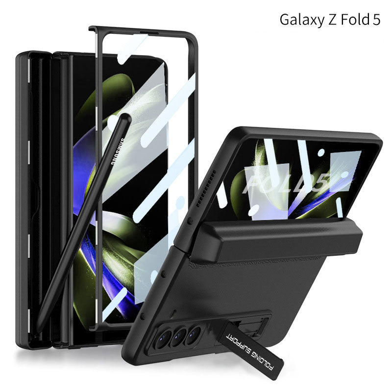 Magnetic Full Coverage Samsung Galaxy Z Fold 5 Case with Front Tempered Glass Protector and Hidden Pen Holder