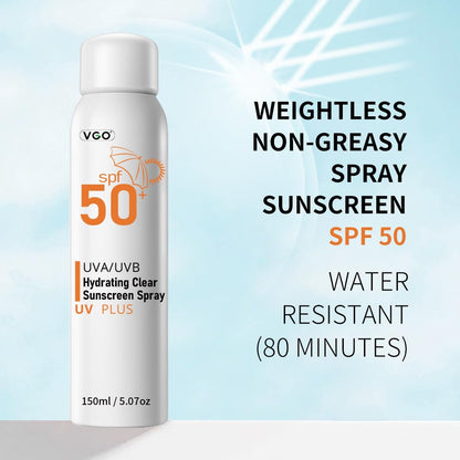 VGO Sunscreen Spray SPF 50, Spectrum UVA/UVB Protection, Moisturizing and Lightweight, Non-Greasy Water Resistant Body Sunscreen Mist, 5.07 oz