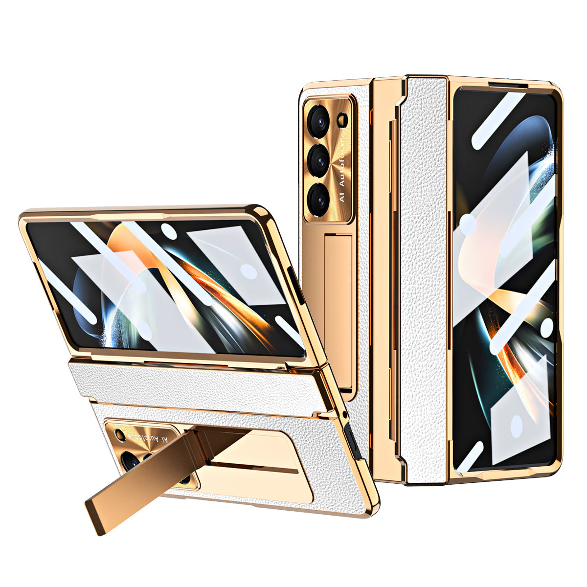 Luxury Leather Magnetic Bracket Shell Electroplated Phone Case For Samsung Galaxy Z Fold3/4/5 With Back Screen Glass - Mycasety Mycasety