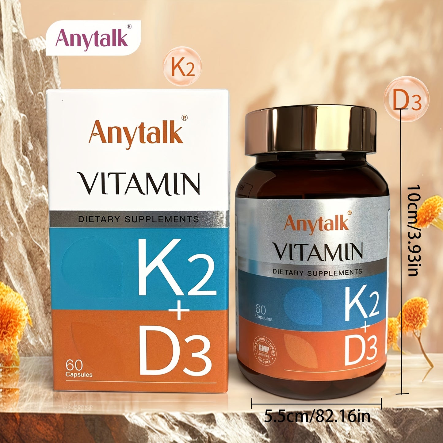 Anytalk Vitamin D3 & K2 Contains Olive Oil, Vitamin D3, Vitamin K2 1000mg*60 Capsules