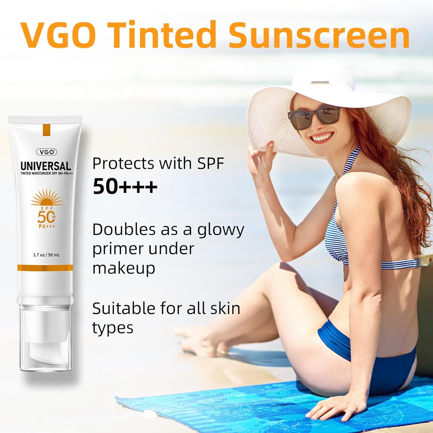 VGO Tinted Sunscreen for Face SPF 50, Hydrating Sun Essence Face Sunscreen Leaves No Sticky Feeling Travel Size Sunscreen Against UVA and UVB Rays 50ml / 1.7oz