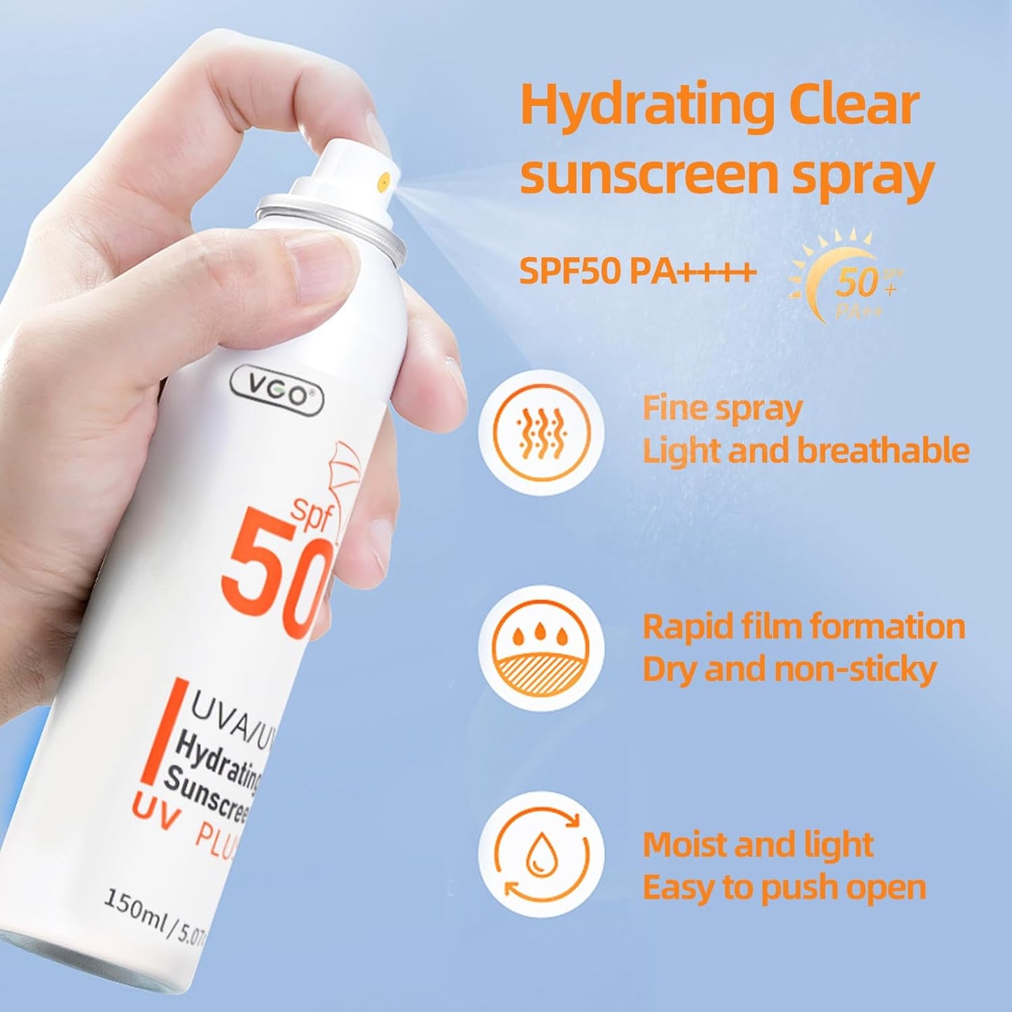 VGO Sunscreen Spray SPF 50, Spectrum UVA/UVB Protection, Moisturizing and Lightweight, Non-Greasy Water Resistant Body Sunscreen Mist, 5.07 oz