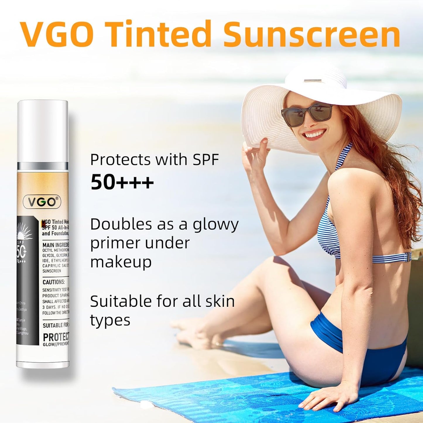 VGO Tinted Sunscreen with SPF 50, Hydrating Face Sunscreen Moisturizer Foundation Universal Face Sun Cream Makeup Against UVA and UVB Rays, 50ml / 1.7oz