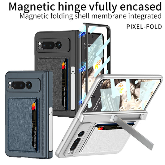 Magnetic Folding All-inclusive Leather Case With Tempered Film For Google Pixel Fold With Damped Folding Bracket & Card Holder