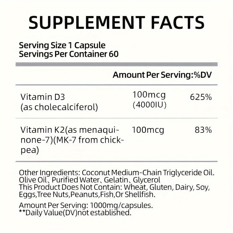 Anytalk Vitamin D3 & K2 Contains Olive Oil, Vitamin D3, Vitamin K2 1000mg*60 Capsules