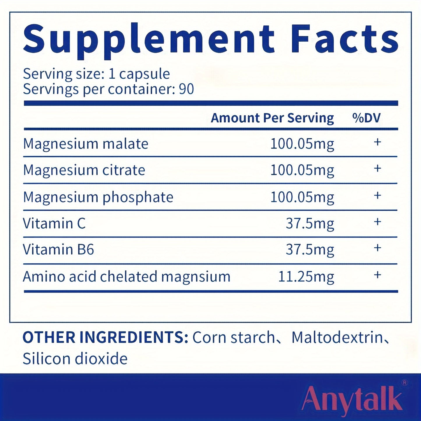 Anytalk Magnesium Complex 750 mg Magnesium Glycinate, Malate & Citrate for Good Health, 96 Capsules