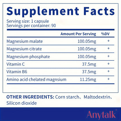 Anytalk Magnesium Complex 750 mg Magnesium Glycinate, Malate & Citrate for Good Health, 96 Capsules