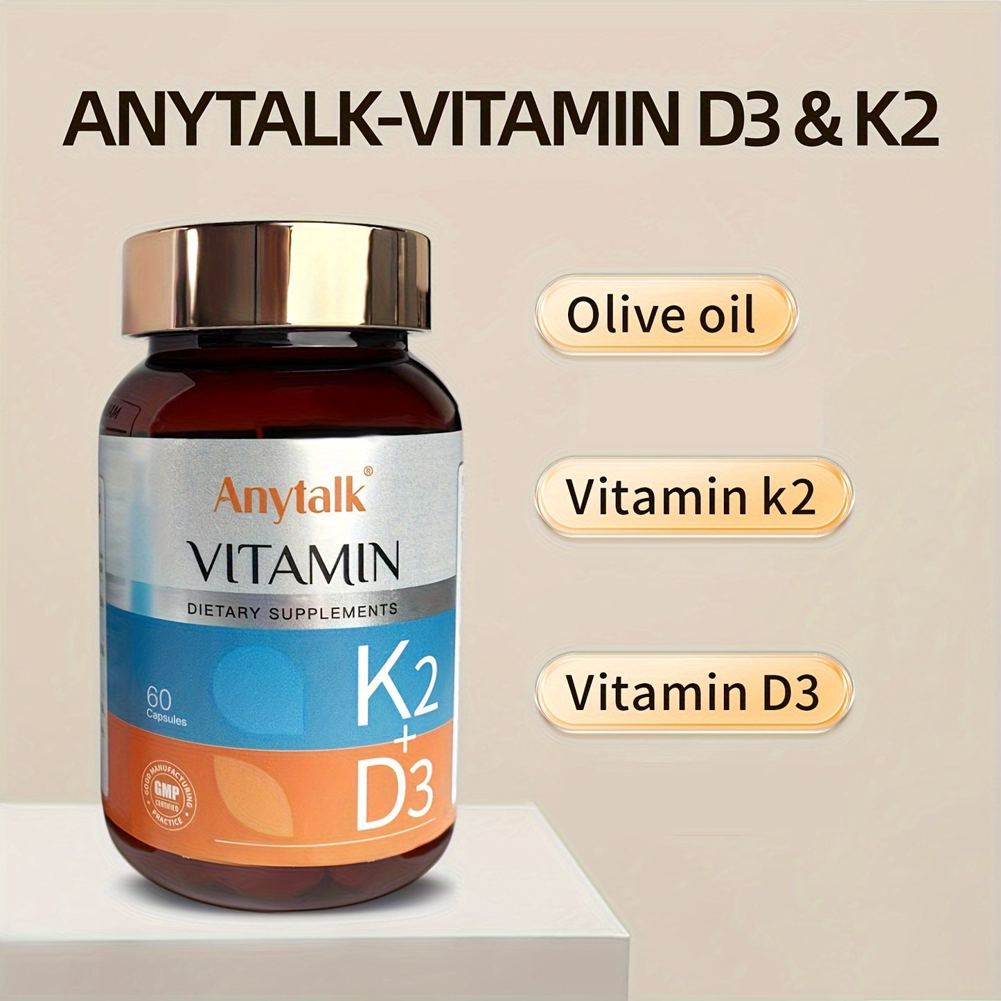 Anytalk Vitamin D3 & K2 Contains Olive Oil, Vitamin D3, Vitamin K2 1000mg*60 Capsules