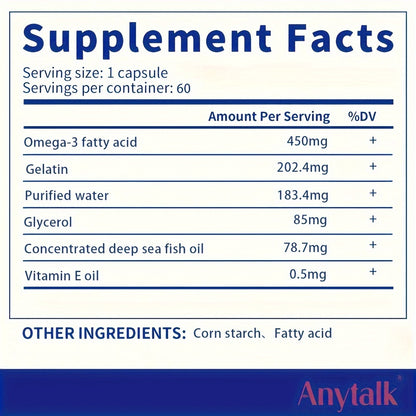 Anytalk Deep-sea Fish Oil Softgel Contains Omega-3 Fatty Acids, Concentrated Deep-sea Fish Oil, Vitamin E Oil, Purified Water, Gelatin, Glycerin