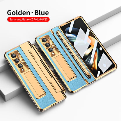Hinge Folding Leather Magnetic Bracket Shell Electroplated Case For Samsung Galaxy Z Fold4 Fold3 5G With S Pen Slot & Stylus - Mycasety Mycasety
