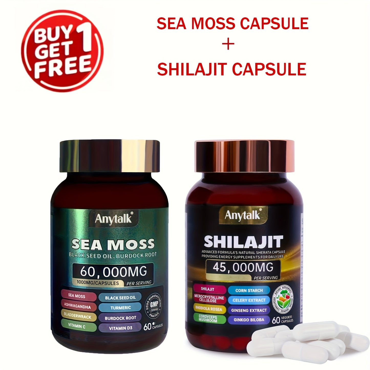 Anytalk Combination 2 Bottles Of SEA MOSS & Shilajit 60 Capsules+60 Capsules