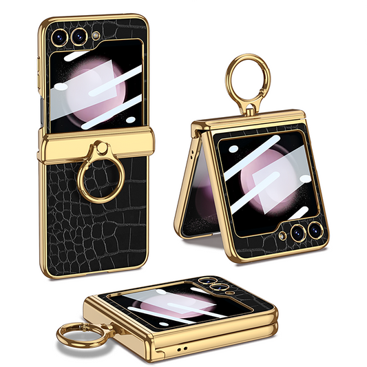 Electroplated Leather Magnetic Hinge Ring Holder Case For Samsung Galaxy Z Flip5 Flip4 Flip3 With Front Protection Film - Mycasety Mycasety