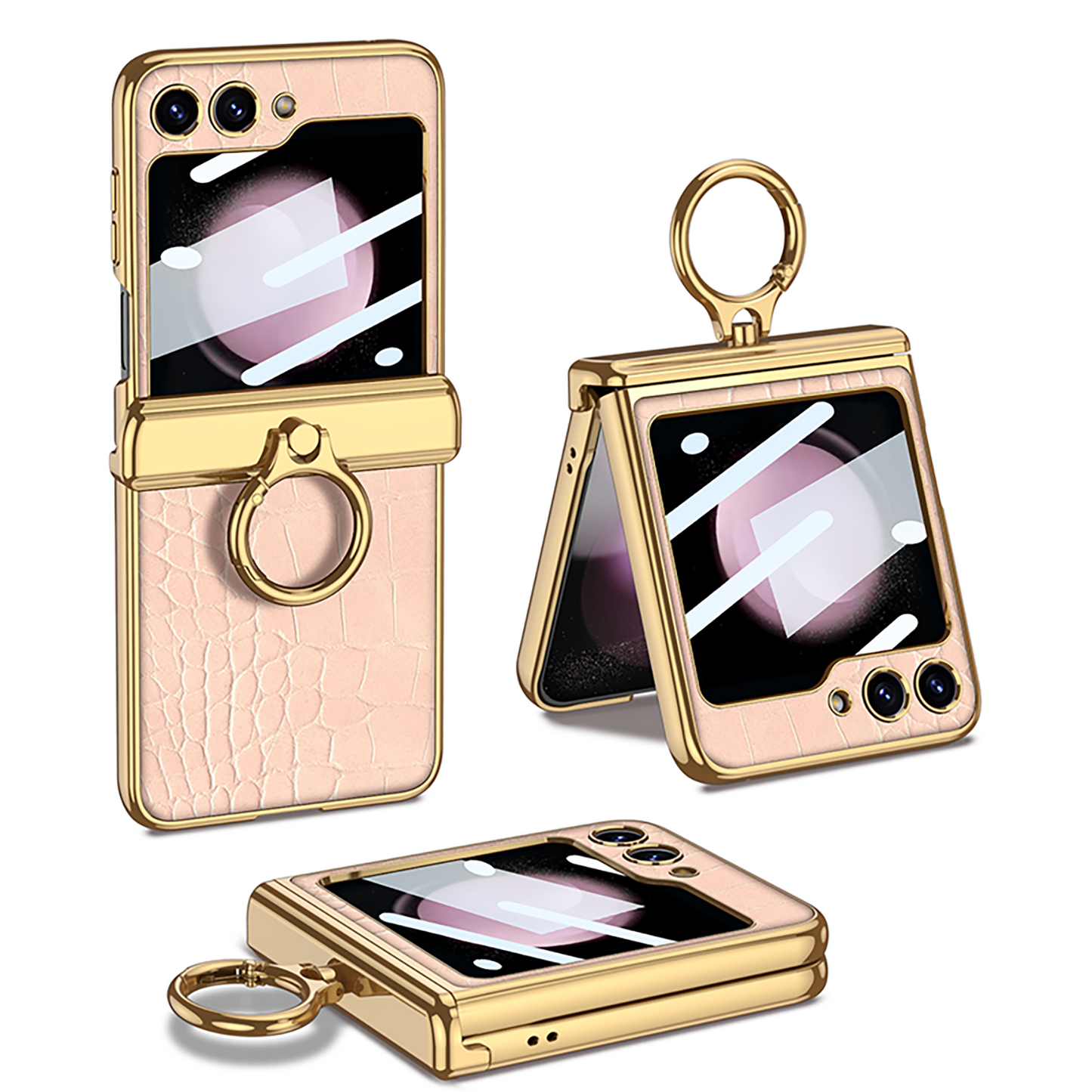 Electroplated Leather Magnetic Hinge Ring Holder Case For Samsung Galaxy Z Flip5 Flip4 Flip3 With Front Protection Film - Mycasety Mycasety