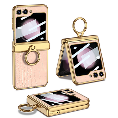 Electroplated Leather Magnetic Hinge Ring Holder Case For Samsung Galaxy Z Flip5 Flip4 Flip3 With Front Protection Film - Mycasety Mycasety