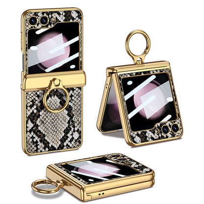 Electroplated Leather Magnetic Hinge Ring Holder Case For Samsung Galaxy Z Flip5 Flip4 Flip3 With Front Protection Film - Mycasety Mycasety