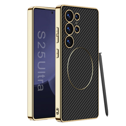 Shockproof Leather Golden Phone Case Support Wireless Charge For Galaxy S25 S24 S23 Ultra