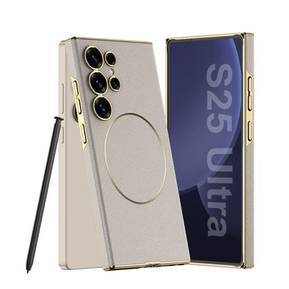 Luxurious Leather Shockproof Phone Case Support Wireless Charge For Galaxy S25 S24 S23 Ultra