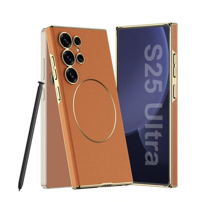 Luxurious Leather Shockproof Phone Case Support Wireless Charge For Galaxy S25 S24 S23 Ultra