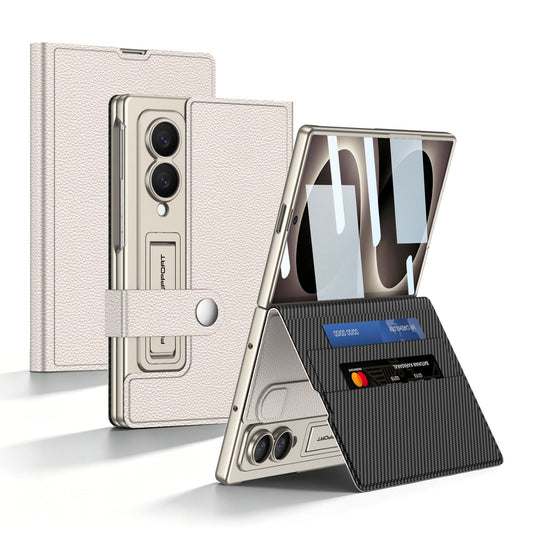 Luxury Leather Galaxy Z Fold8 Ultra Phone Case with Built-In Tempered Glass & Kickstand